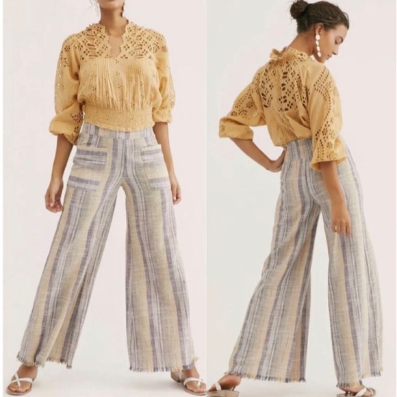 *NWT* FREE PEOPLE Moonlight Linen Blend Pull-On Wide-Leg Pant Beige/Prp/Pink — S - Picture 5 of 8